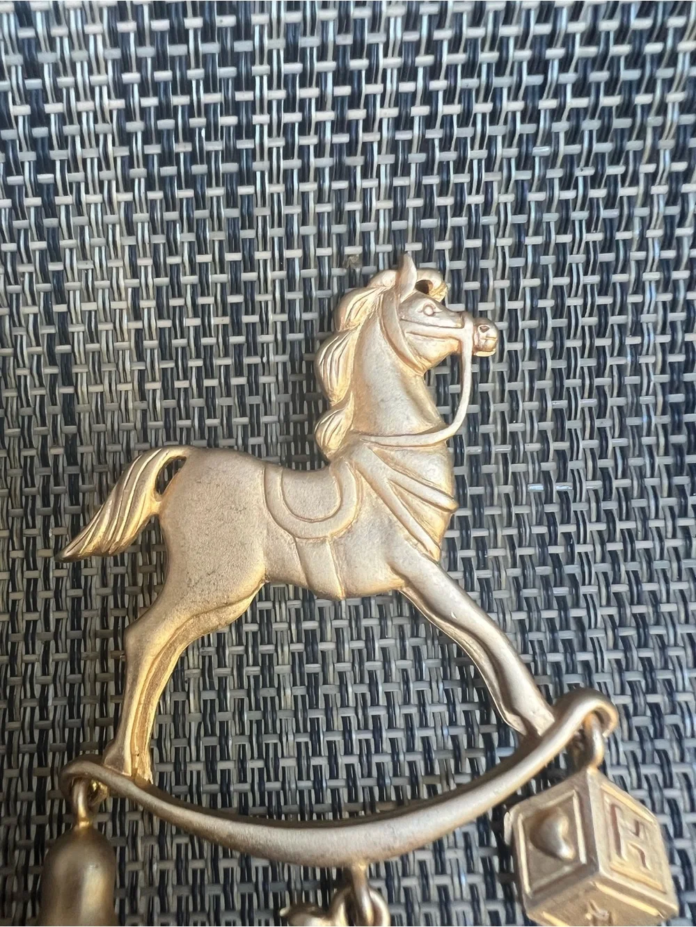 Gold Horse Carousel Brooch with Train & Block Charms